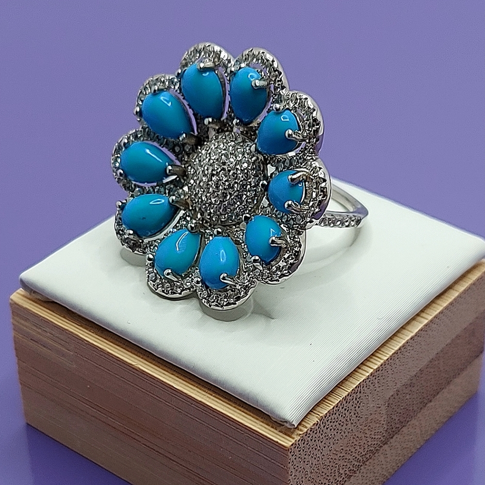 Natural Turquoise 6x4mm & Cz 925 Sterling Silver Ring Size 6.5‎